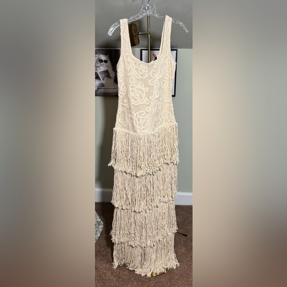 Blithe Dresses & Skirts - NWT Incredible Cream Crotchet Maxi Dress w/ Lots of Fringe Details Retail $1699!